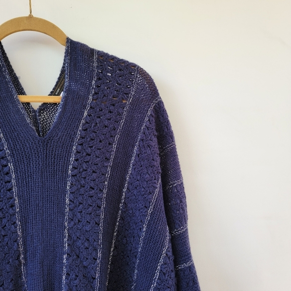 BCBGMaxAzria Navy Blue Silver Metallic New One Size Boho Longline Fringe Poncho - Picture 4 of 11